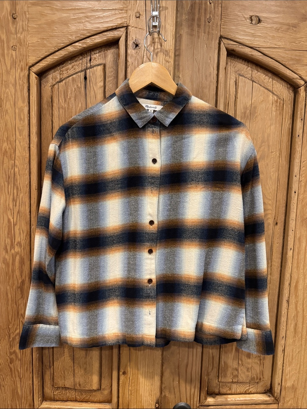 Madewell Women’s Navy, Cream & Brown Plaid Button-Down Shirt